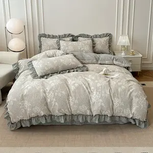 Plant floral printed lace edge bedding set, 3 pieces/set, including 1 Decorative duvet cover and 2 pillowcases (filling not included), vintage country style, soft and comfortable bedding set, suitable for home bedrooms and hotels