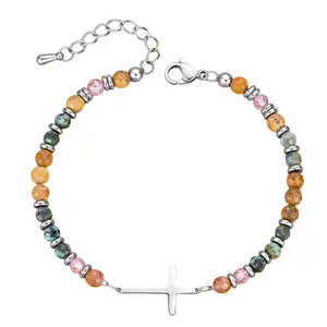 Cross Beaded Bracelet for Women, Christian Sister Bracelet with Natural Stone and Stainless Steel Cross, Friendship Birthday Baptism Gift for Women Girls with Gift Card