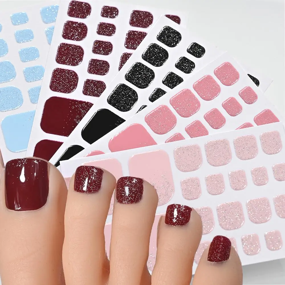5pcs Self-Adhesive Glitter Toe Nail Stickers  22Tips Red Black Glitter Gradient Full Toe Nail Wraps No UV/LED Lights Nail Decals