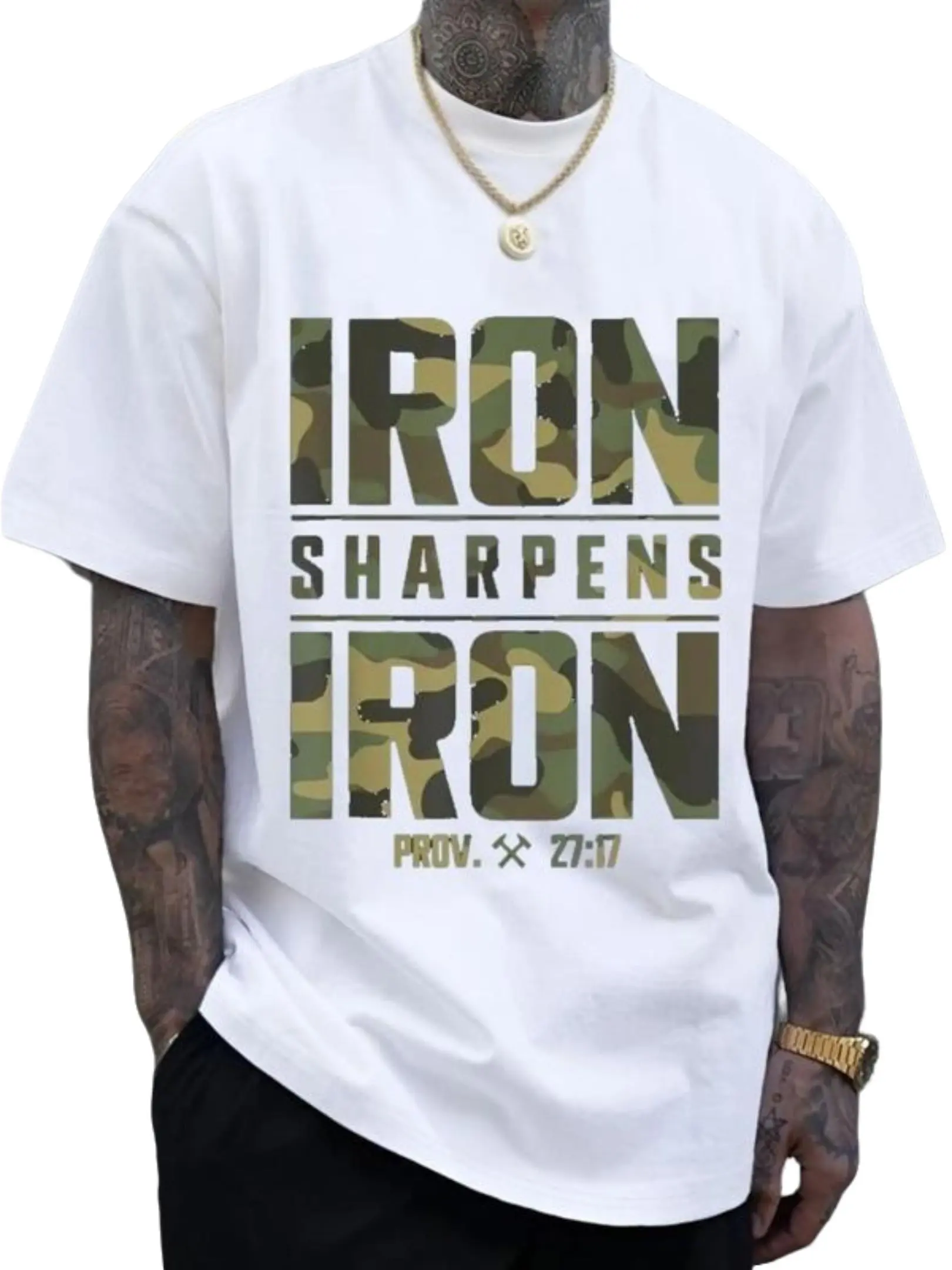 CMBT Men's 100% Cotton Oversized Short Sleeve Tshirt - Menswear, Proverbs 27:17 Iron Sharpens Iron Bible Verse Graphic Print, Geometric Camouflage, Double-Stitched, Breathable Round Neck Summer Casual Top, Machine Washable (Chinese New Year)
