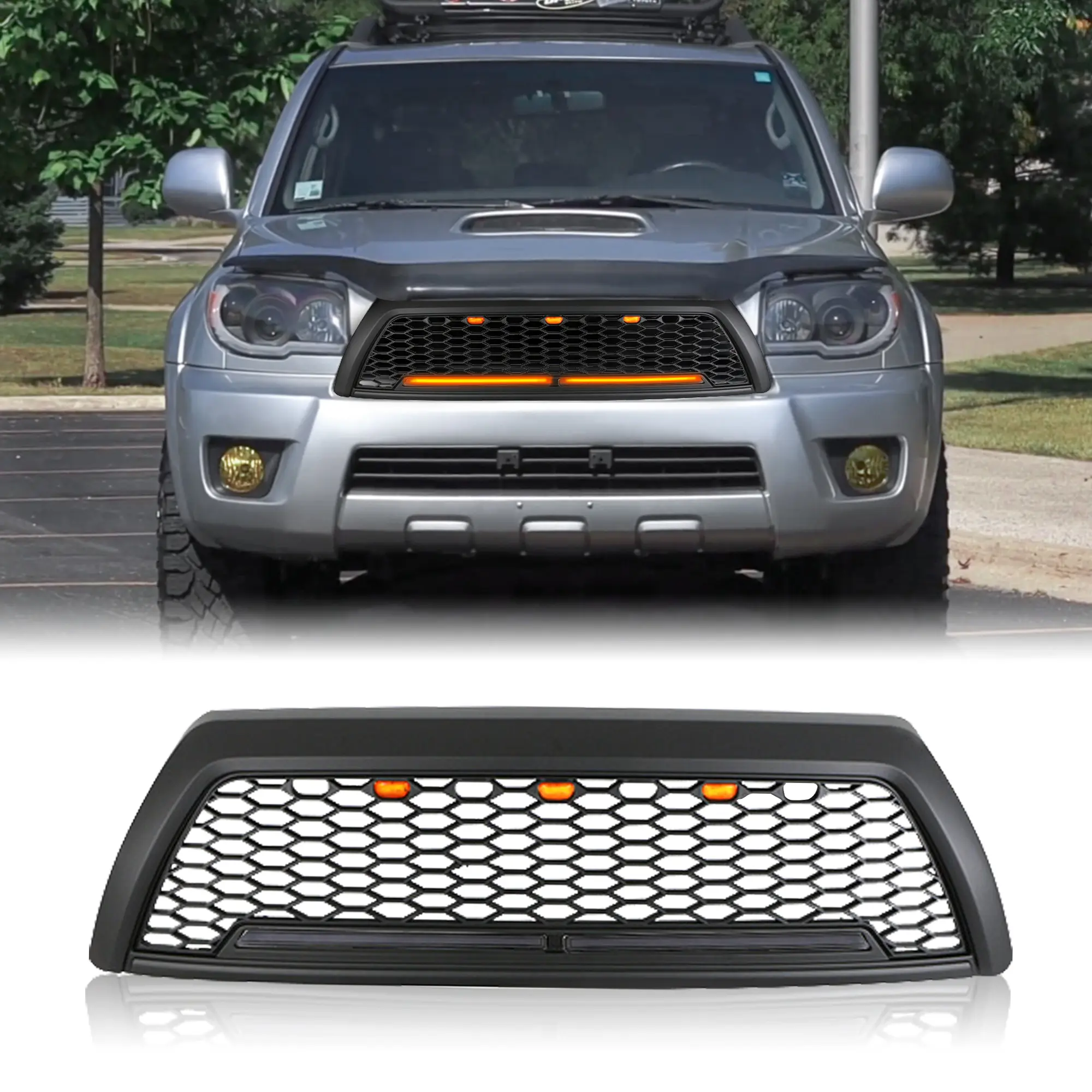 Black Honeycomb Front Grille with Light Compatible with Toyota 4Runner 2006-2009, Off-Road SUV Replacement Grille Assembly with Integrated LED Lighting, Durable ABS Plastic, Easy Installation, Exterior Styling Accessories, Home Furniture and