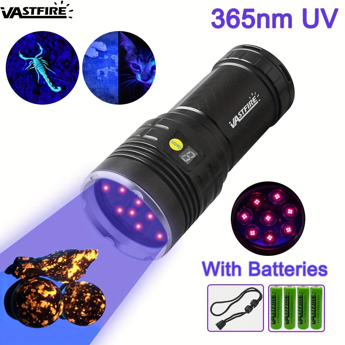 365 nm UV flashlight, USB rechargeable, high power black light, suitable for pet urine detection, resin curing, mineral identification, blood trail tracking, scorpion capture, rock treasure hunting, gemstone identification, and air conditioner leak detect