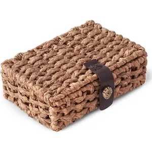 Woven Water Hyacinth Decorative Storage Box with Lid, Wicker Storage Basket for Shelf Coffee Table Console Table, Small Size Home Decor Storage Organizer