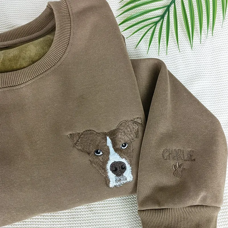Custom Embroidered Dog Sweatshirt from Photo – Personalized Cat Face with Name Crewneck, Embroidered Cartoon Pet Sweatshirt Using Pet Phot
