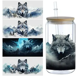 5 sheet Wolf UV DTF cup packaging for 16oz glass cup, waterproof UV DTF stickers for 16oz glass cup, DIY, furniture, crafts