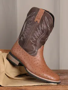 Men's Western Style Cowboy Boots, Embroidered Details, Anti-Slip Square Toe, Thick Heel Wear-Resistant Shoes, Cowboy Work Boots