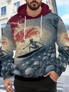 Men's Gothic Japanese Wave & Samurai 3D Print Hoodie, Dark Fantasy Art, Casual Streetwear, Perfect Gift