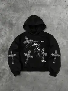 Men's Hooded Graphic Sweatshirt, Religious Aesthetic Streetwear, Starry Jesus Print, Casual Long Sleeve Fitted Pullover for Daily Wear