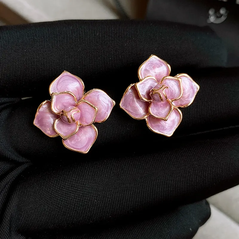 Purple Enamel Oil Flower Stud Earrings for Women Elegant Blooming Gardenia Flowers Earrings Wedding Party Sweet Jewelry