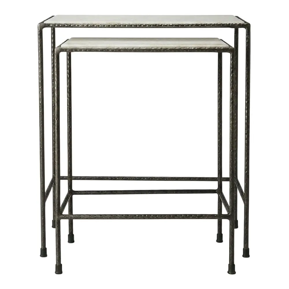 Distressed Marble Top Nesting Tables Set of 2 - Black 4-Leg Base Transitional Indoor Side Tables for Family Room with Floor Protection & Gentle Dry Compatibility