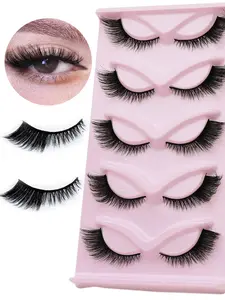 5 pairs of black natural cat-eye false eyelashes at the roots, fluffy and soft fox-style tail design, dense 3D mink lashes, long and thin, clearly defined individual lash fibers, messy layered effect, short and dense—cosmetics suitable for weddings, parti