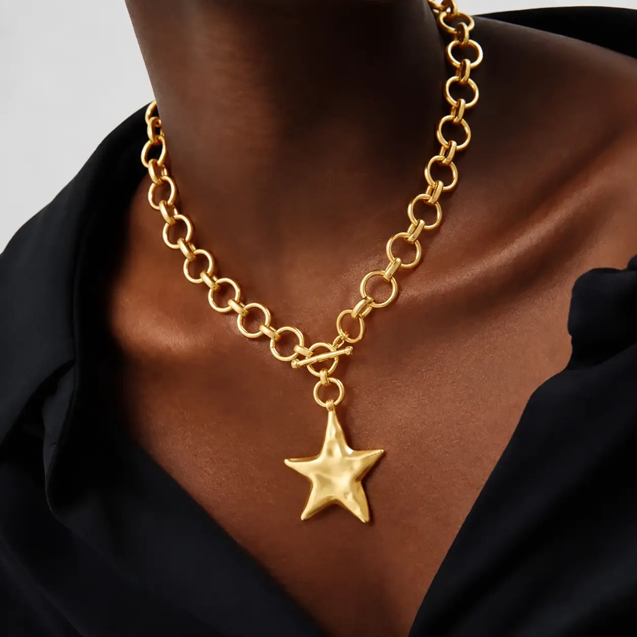 Paperclip O-Link Chain with Hammered Star Pendant OT Clasp Necklace for Women, Chic Gorgeous Jewelry, Statement Necklace For Valentineday, Elegant All-Match Jewelry