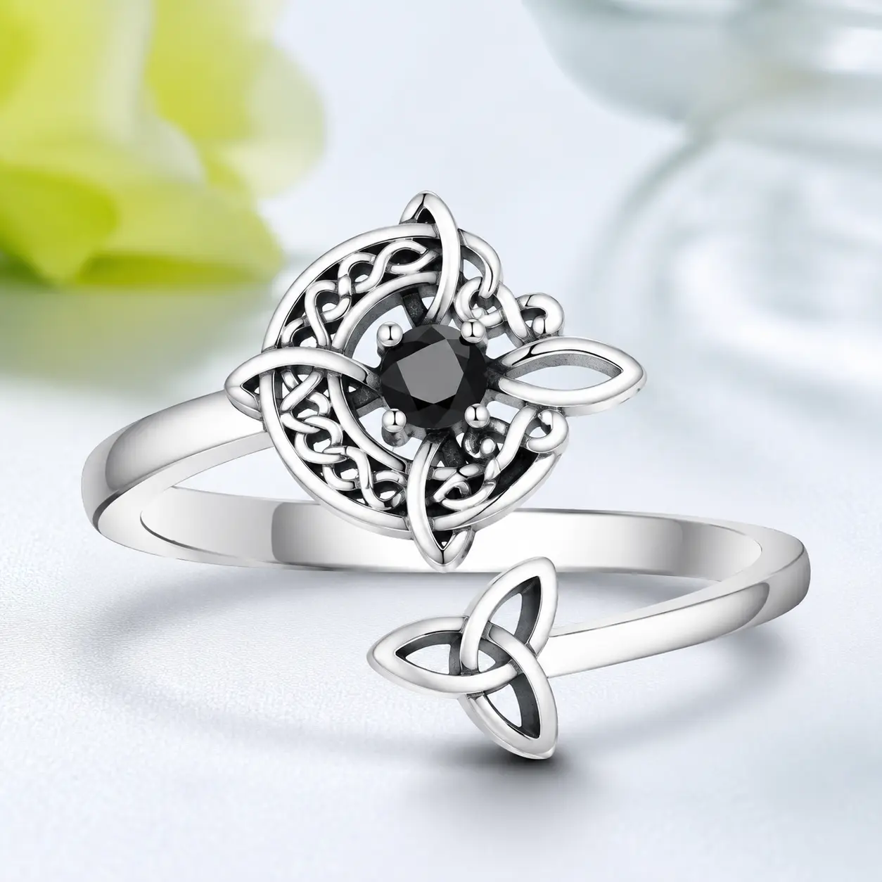 Adjustable Moon Witch Knot Ring with Black Diamond Accents, Goth Alternative Artistic Moon Motif Ring, Women's Adjustable Fashion Accessory, Mystic Style Unique Gift