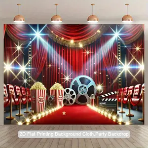 2D Flat, 1pc Movie Night Polyester Backdrop Banner - 2D Flat Printing, Red Carpet & Spotlight Design, Indoor/Outdoor Party Decor for Birthdays, Anniversaries, Photo Booths, Studio Props, No Electricity Needed, Photo Booth Backdrop | Spotlight Effect |