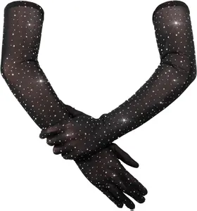 Rhinestone Glitter Fishnet Gloves, Long Sparkle Mesh Arm Sleeves for Women & Men, 1920s Opera, Wedding & Party Costume Accessories