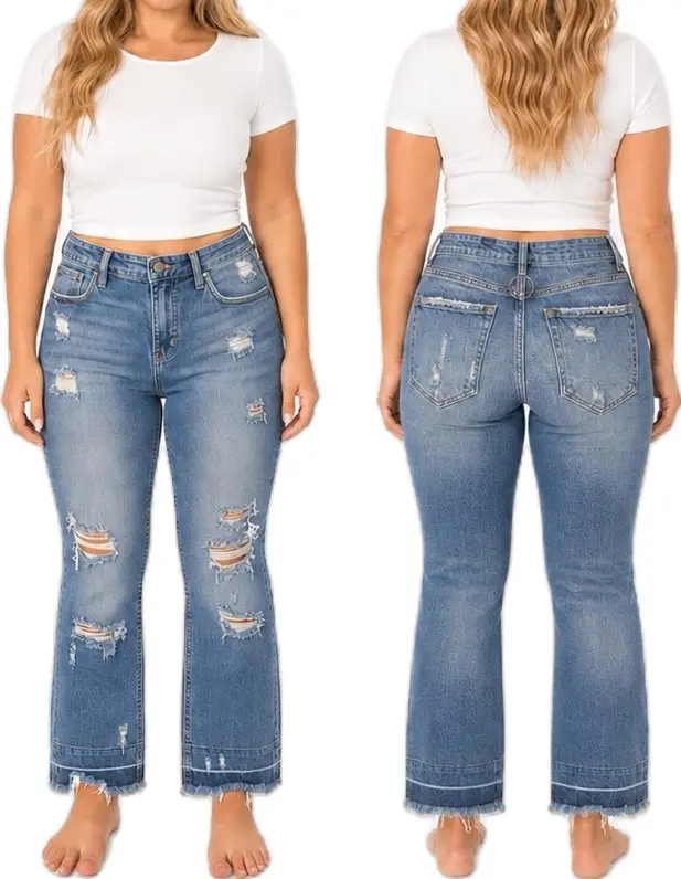 Women’s Petite High-Waist Distressed Cropped Flare Jeans – Light Wash everyday denim
