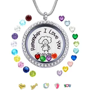 30mm Stainless Steel Living Memory Floating Locket Necklace Pendant with Charms and 24 Birthstones Best Gifts for Women