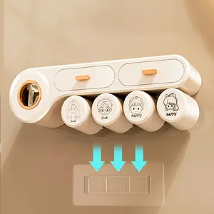 Wall Mount Toothbrush Holder with 2/3/4 Cup & Toothpaste Dispenser - Large Capacity Bathroom Storage Holder with Cosmetics Drawer, No Power Required, Toothbrush And Toothpaste Holder