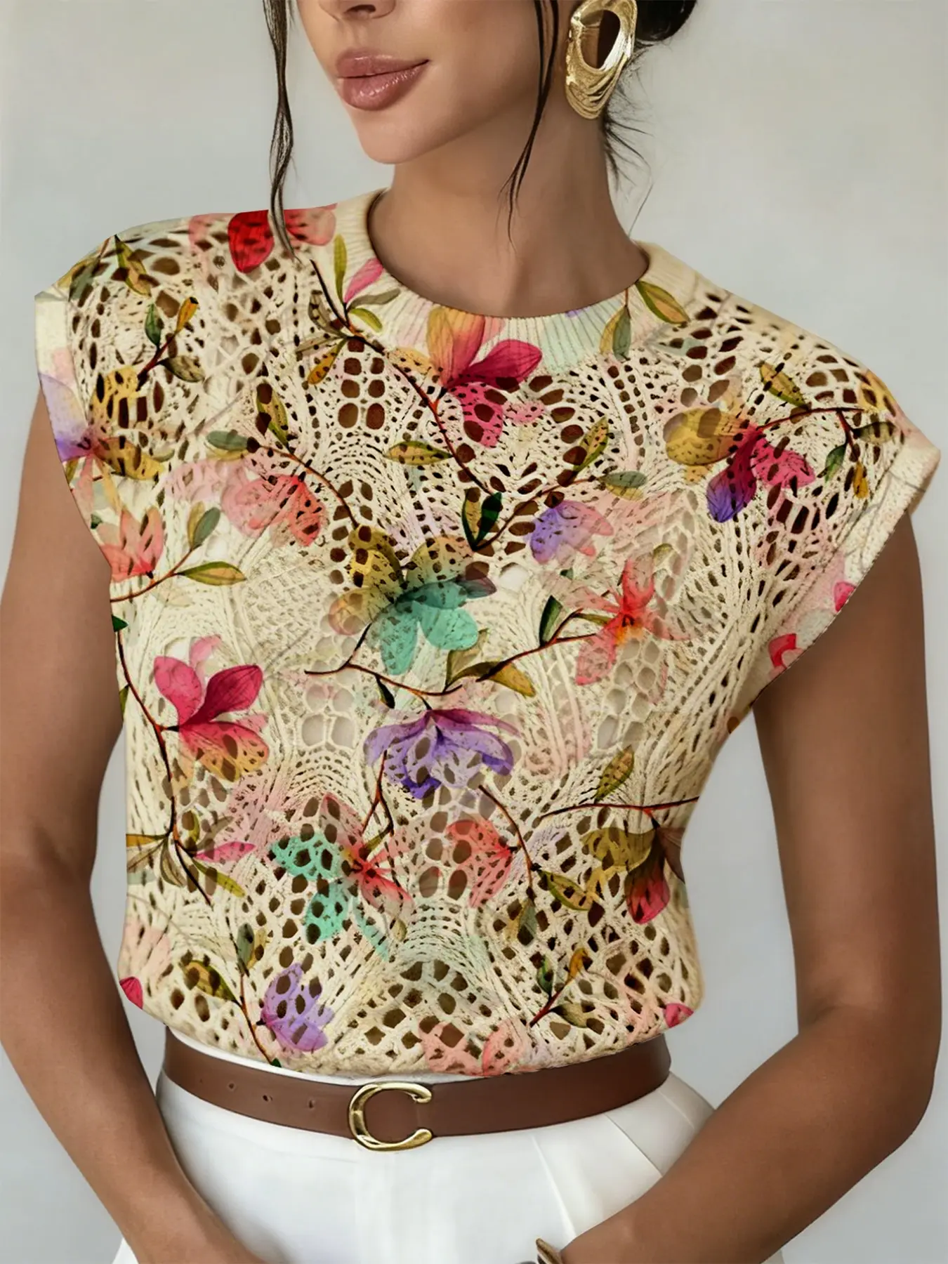 Women's Boho Watercolor Floral Knit Sweater, Loose-Fitting Round Neck Hollow Out Design, Casual Spring & Fall Fashion Top