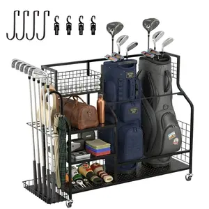 Vantage Mounts Golf Storage Organizer for Garage, Extra Large Golf Bag Stand Holder for 2 Bags with Side Storage Pockets, Heavy Duty Golf Club Rack for Home Basement, Indoor Outdoor Sports Equipment Storage with Lockable Wheels & Shelves tiktokshopsp