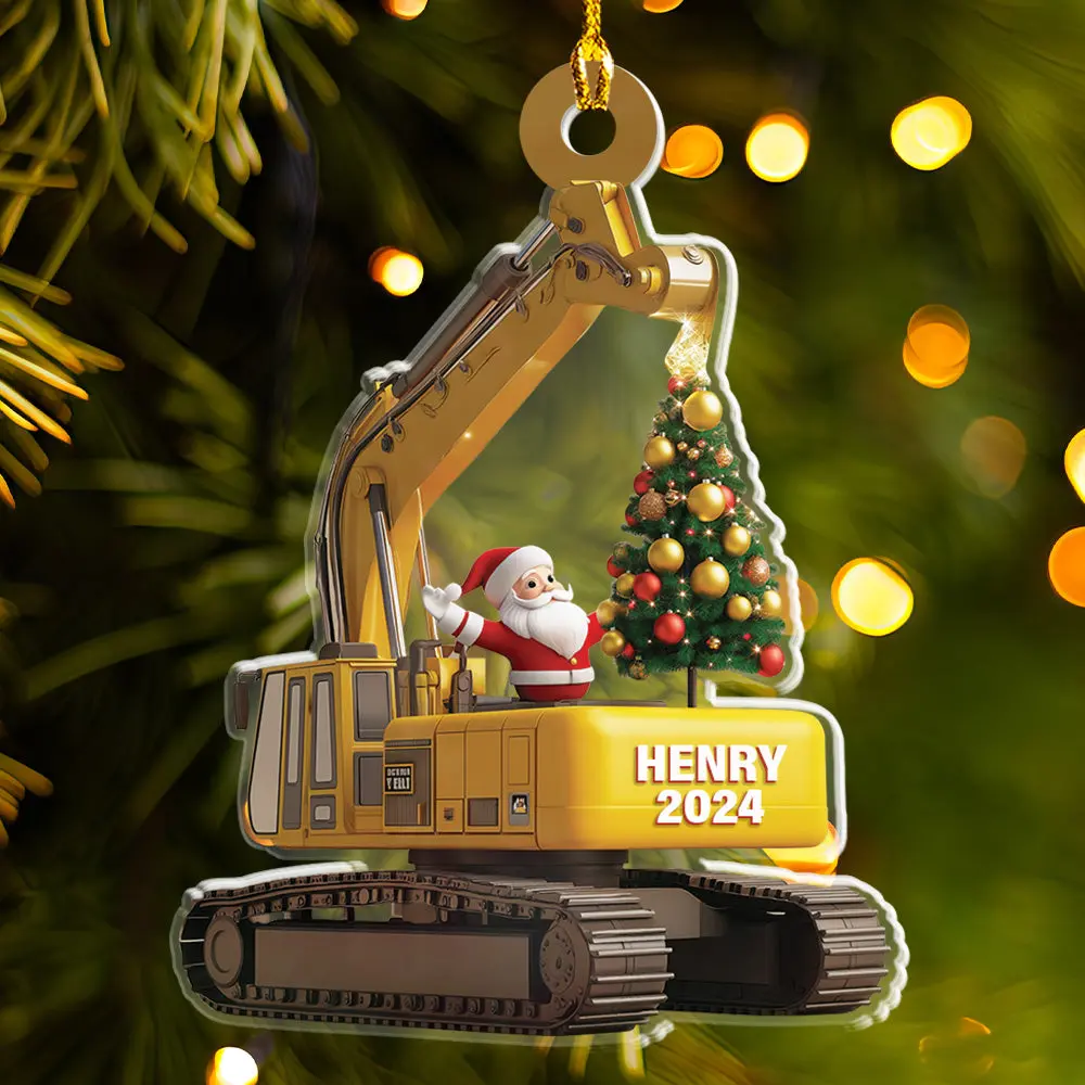 Petthouse | Personalized Excavator 2d Flat Ornament, Santa Clause On Excavator, Christmas Gift For Kids