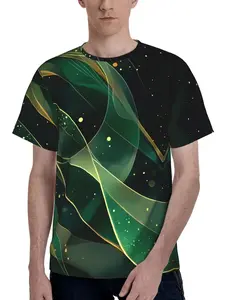 Men'S 3D Printed T-Shirt Deep Green Emerald Abstract Flowing Ribbons with Glowing Golden Lines Cosmic Starry Pattern Short Sleeve Casual Tee for Parties And Daily Wear - Edgy Digital Art Design S-3XL