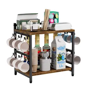 Large Coffee Bar Counter Top Shelf with Cup Holder, Cofe Tea Station Organizer Shelves Stand for Countertop with 12 Hooks for Mug, 2 Tier Kitchen Bar Decorations for Home 11"D x 15.8"W x 16.1"H