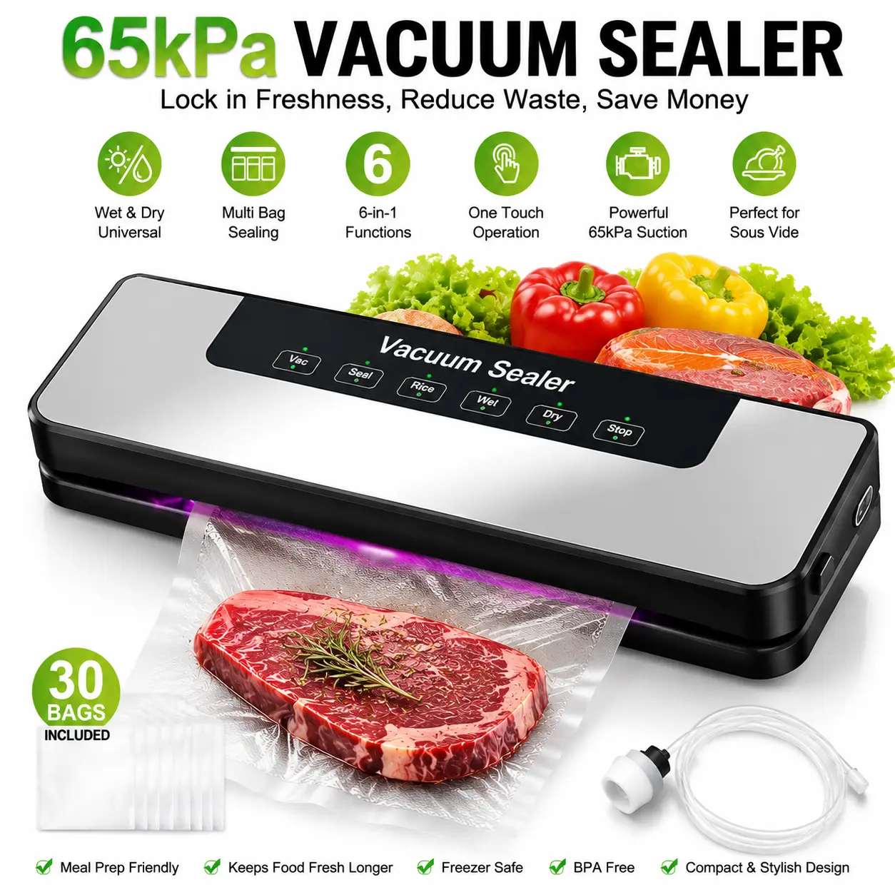 【Back To School Gift】65kPa Vacuum Sealer Machine with 50 Bags, Automatic Food Saver for Kitchen Storage, Dual Dry & Wet Modes, 6-in-1 Vacuum Sealing System for Meal Prep, Meat, Vegetables, Snacks and Sous Vide Cooking