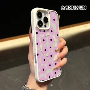 Lilac Floral Print Pattern Magnetic Phone Case for iPhone 17 16 15 14 Pro Max 13 12 11 XR XS Plus Non-Yellowing Clear Crystal Drop-proof Slim Silicone Shockproof Transparent Acrylic Cover Supports Wireless Charging