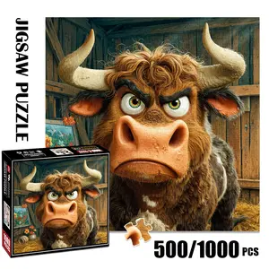 1pc 1000 piece adult puzzle 58x58cm Animal Shape Puzzle Angry - looking Cartoon Bull with Big Horns 500 pieces paper jigsaw puzzle suitable for DIY creative games for adults and families, birthday and holiday stress