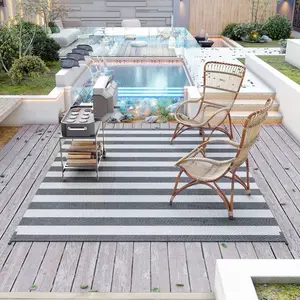 Outsunny Reversible Outdoor Rug, 9' x 12' Waterproof Plastic Straw Floor Mat, Portable RV Camping Carpet, Large Floor Mat for Backyard, Deck, Picnic, Beach, Gray & White Striped