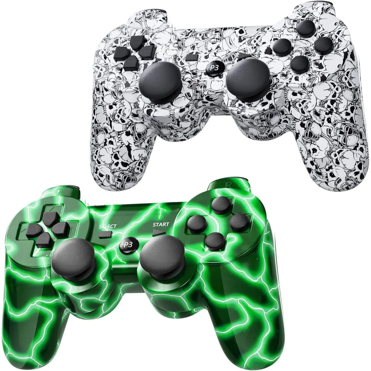 PS3 Controller 2 Pack  Motion Sense Dual Vibration Upgraded Gaming Controller for  Play Station 3 with  Cord (2 Pack, White+Green)