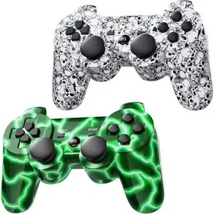 PS3 Controller 2 Pack  Motion Sense Dual Vibration Upgraded Gaming Controller for  Play Station 3 with  Cord (2 Pack, White+Green)
