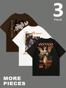 Men's Summer Casual Streetwear Short Sleeve T-Shirt 3-Pack Set, Loose Fit Breathable Graphic Tee, Versatile Round Neck Lightweight Top