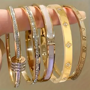 18K gold plated Plated Titanium Stainless Steel Bracelet with Roman Numerals & Accents - Unisex Fashion Jewelry for Holiday Gifts, Parties, Casual Attire, for Teenager