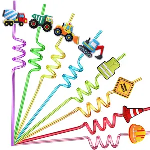 24 Construction Party Favors Straws, Construction Birthday Party Supplies, Excavator Bulldozer Blender Truck For Construction Theme Birthday Party Supplies With 2 Cleaning Brushes