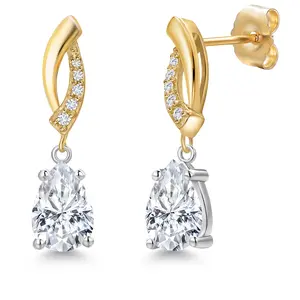 Gem Stone King 14K Two Tone Gold White Moissanite and Lab Grown Diamond Dangle Earrings for Women | 2.05 Cttw | Gemstone Birthstone | Pear Shape 8X5MM