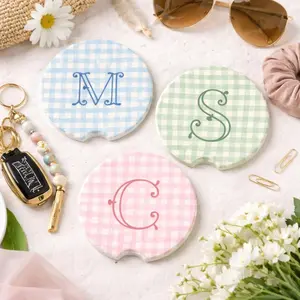 Personalized Monogram Gingham Car Coaster, Custom Soapstone Car Cup Holder Insert, Preppy Car Accessory for Women, Cute Girly Car Decor, New Driver Gift for Daughter, Custom Initial Auto Coaster Set