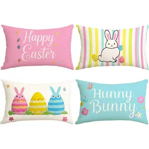 Easter Pillow Covers 12x20 Inch,Easter Decorations for ,Set of 4 Happy Easter Hunny Bunny  Blue Decorative Throw Pillow Covers Spring Farmhouse Decor