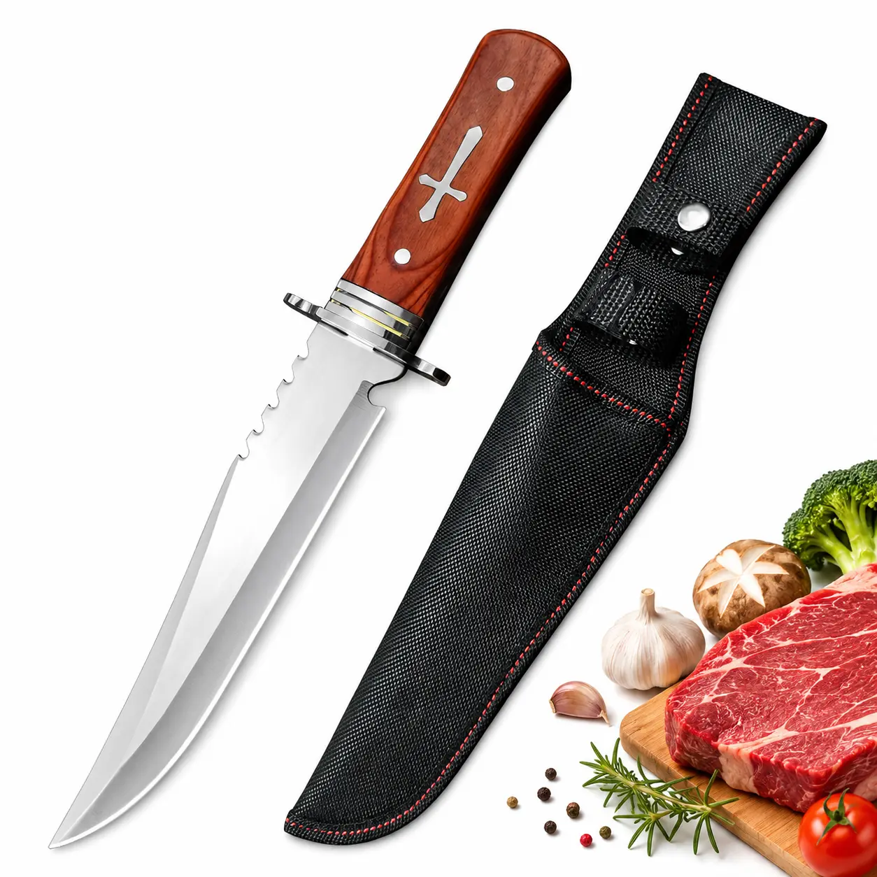 Classic Kitchen Prep Knife with Red-Brown Wood-Grain Handle, Silver Finish Blade and Black Protective Cover for Meat, Fruit and Vegetable Preparation