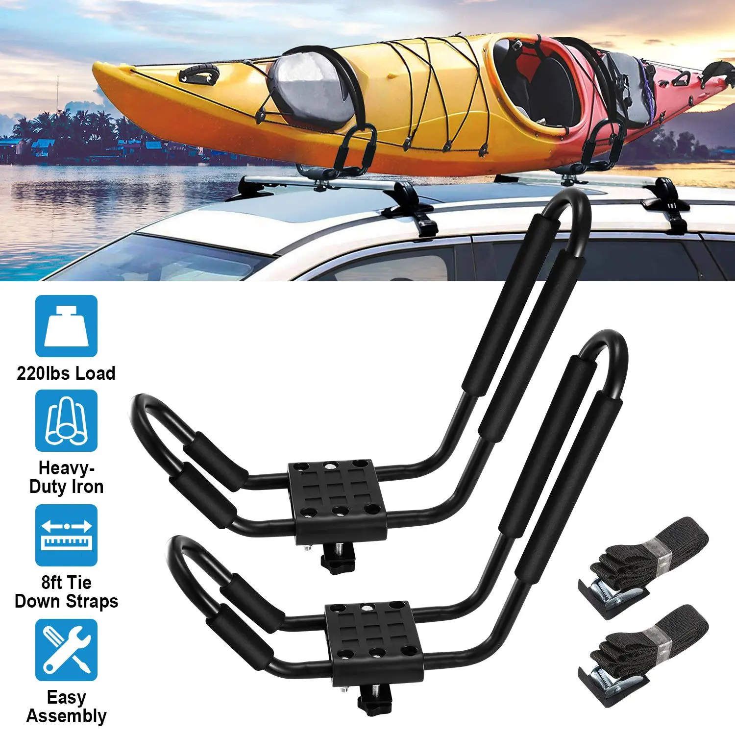 2 x Universal J-Bar Heavy-Duty Kayak Carriers, Automotive Car Accessory Roof Racks, 220LBS Load Car Top Mount with 8ft Tie-Down Straps, Assembly Required for Canoes
