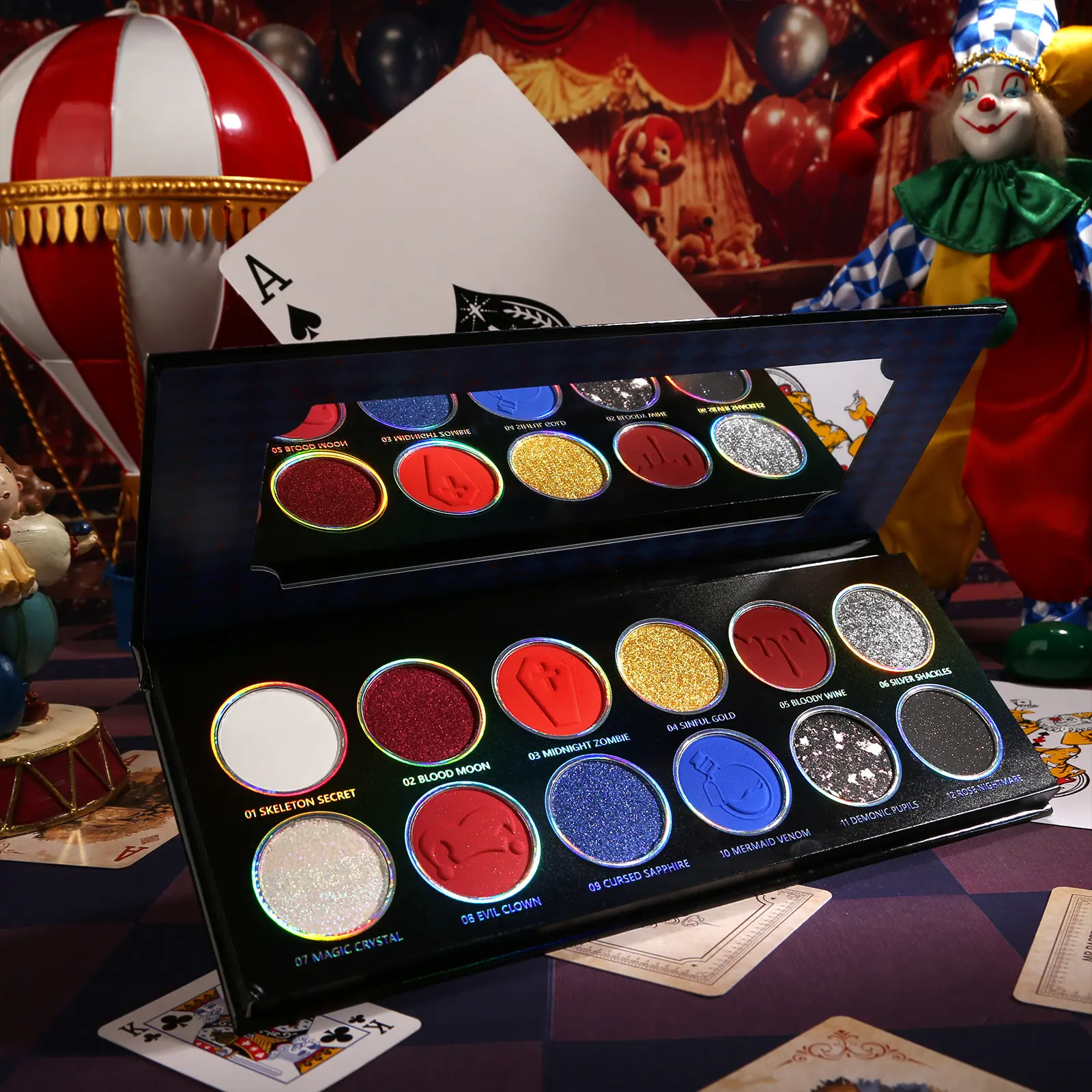 DE’LANCI Circus Nightmare Red Blue Multichrome Eyeshadow Palette Goth Joker Clown Smoky Makeup High Pigment Metallic Shimmer Eyeshadow Makeup Palette