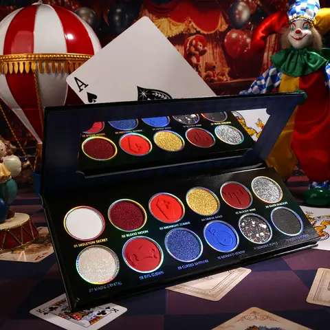 DE’LANCI Circus Nightmare Multichrome Glitter Eyeshadow Palette - Goth Joker Clown Style, Highly Pigmented Pressed Glitter, Red Blue Assorted Shades, Blue Metallic Finish, Colorful Cosmetic Palette for Smoky Eye Looks, Glitter Palette