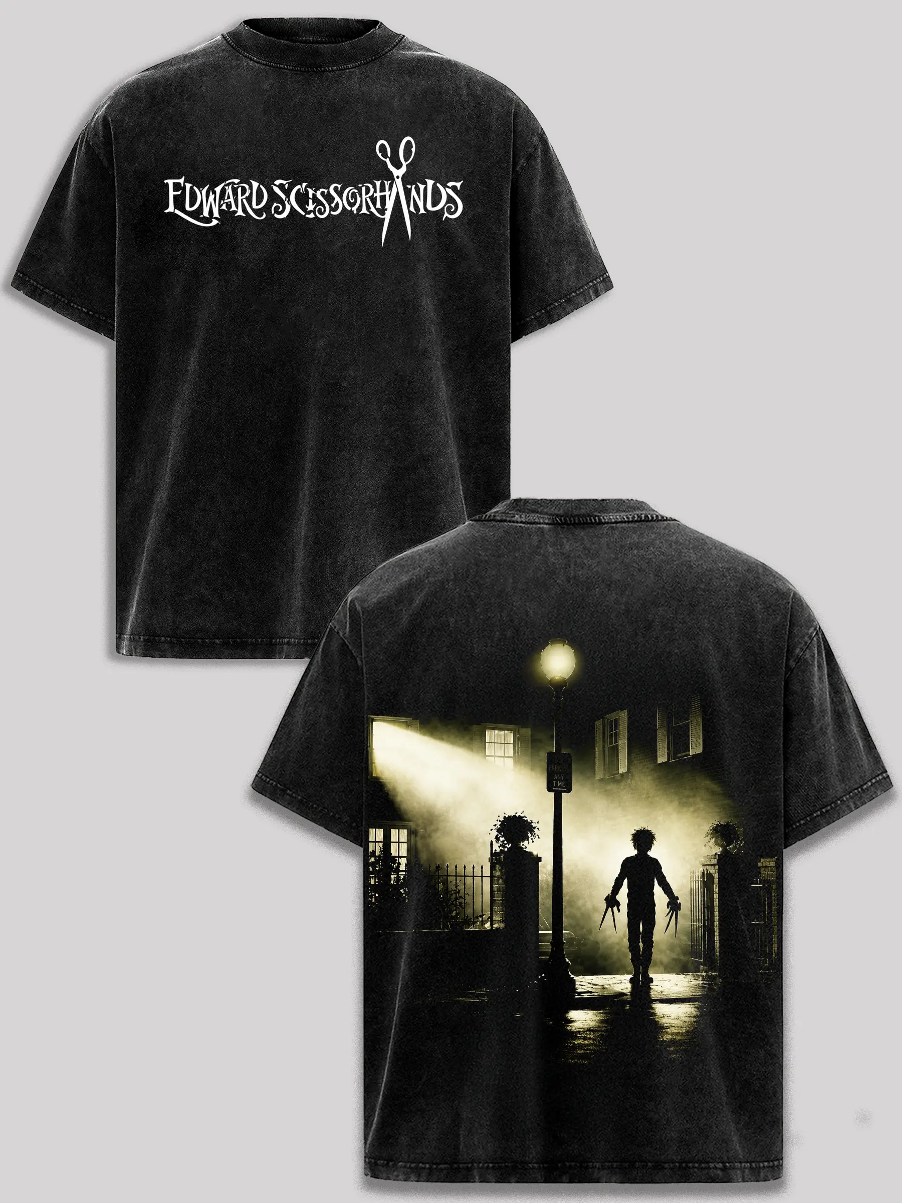Edward Scissorhands Vintage Washed T-Shirt Tim Burton Edward Scissorhands Silhouette Graphic Tee Gothic Horror Fantasy Movie Shirt Johnny Depp Cult Classic Dark Aesthetic Acid Wash Black Oversized Cotton Halloween Emo Streetwear Unisex Gift