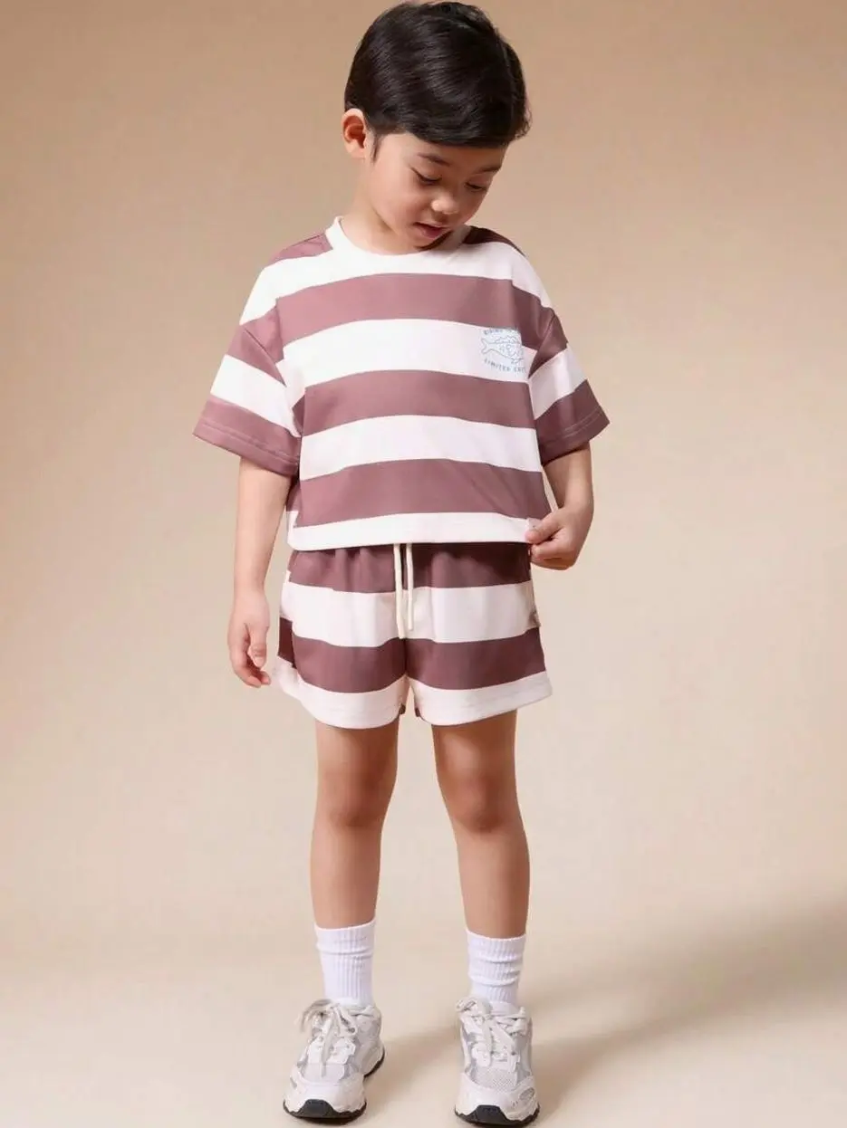 Cute clothes set - Boys Striped T-Shirt And Shorts Set, Breathable Cotton Two-Piece Summer Outfit For Casual Play kids clothing boys kids stuff boys clothing kid stuff for boys boy gifts