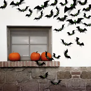Halloween Decorations - 56 Pcs Spooky 3D Bats With Glow Eyes for Indoor Outdoor Party Decor - Plastic Scary Gothic Stickers for Bathroom Kitchen Home Room Wall