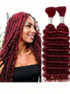 99J Human Braiding Hair Deep Wave Bulk Human Hair for Braiding 2 Bundle No Weft Brazilian Virgin Curly Human Hair Braiding Hair Extensions for Boho Braids Color 99J Burgundy