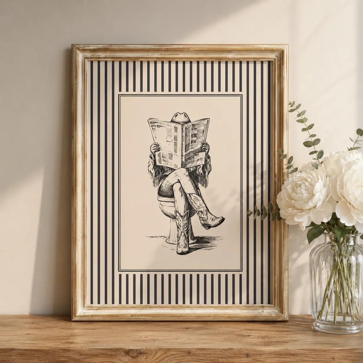 Newspaper Reading Cowgirl Wall Art | Retro Western Boots Print | Neutral Ranch House Decor | Poster No Frame