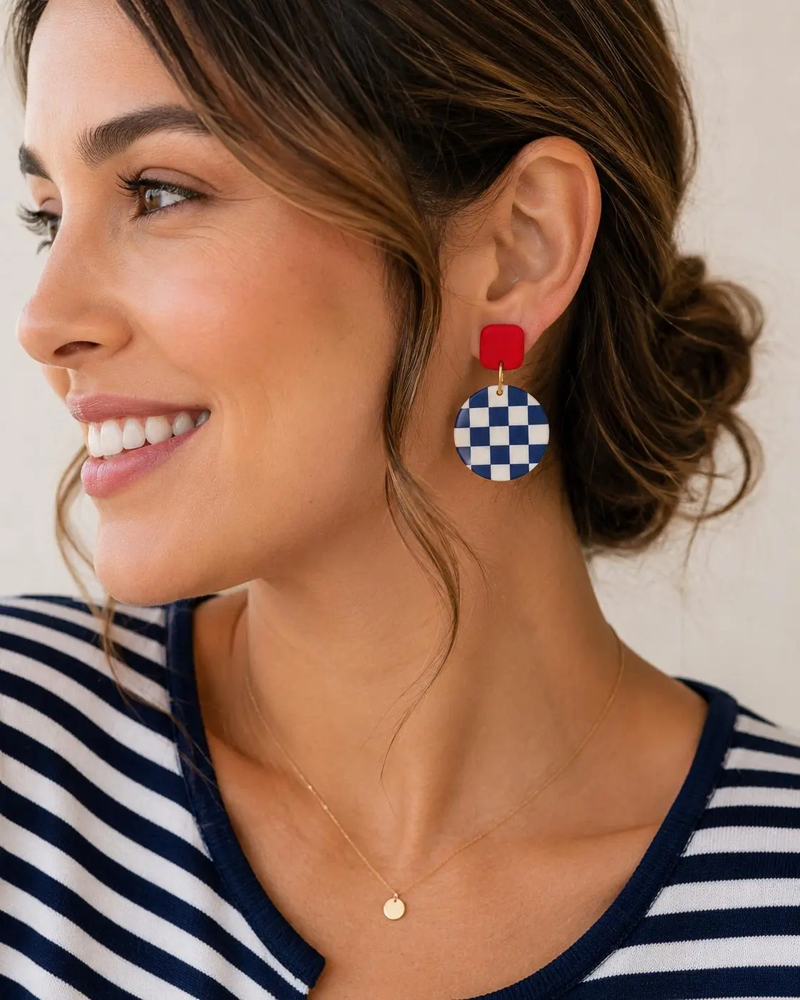 Nautical Checkerboard Polymer Clay Earrings, Navy Red Coastal Statement Jewelry