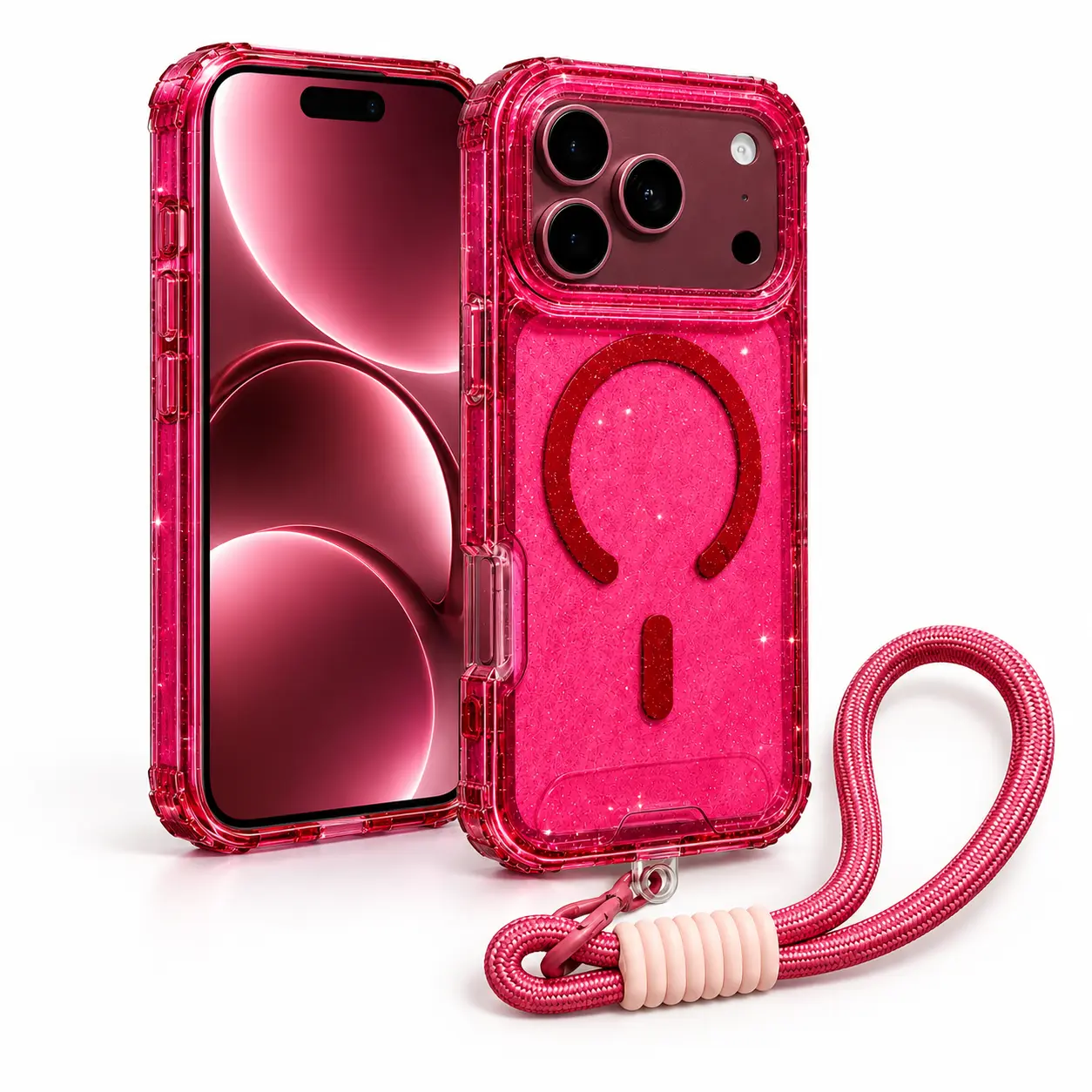 Glitter Magnetic Phone Case with Wrist Strap, Sparkly TPU Protective Case with Detachable Hand Lanyard, Shockproof Phone Cover Compatible with iPhone 18/17/16/15/14/13 Pro Max Series